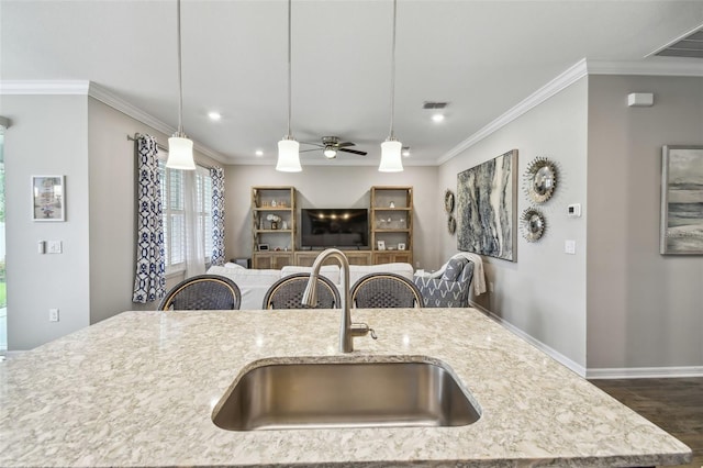 751 Cajeput Loop, Tarpon Springs, FL 34689 - kitchen with a sink, pendant lighting, a ceiling fan, crown molding, and dark wood-style floors