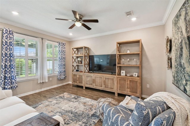 751 Cajeput Loop, Tarpon Springs, FL 34689 - living area with dark wood finished floors, ceiling fan, baseboards, ornamental molding, and recessed lighting
