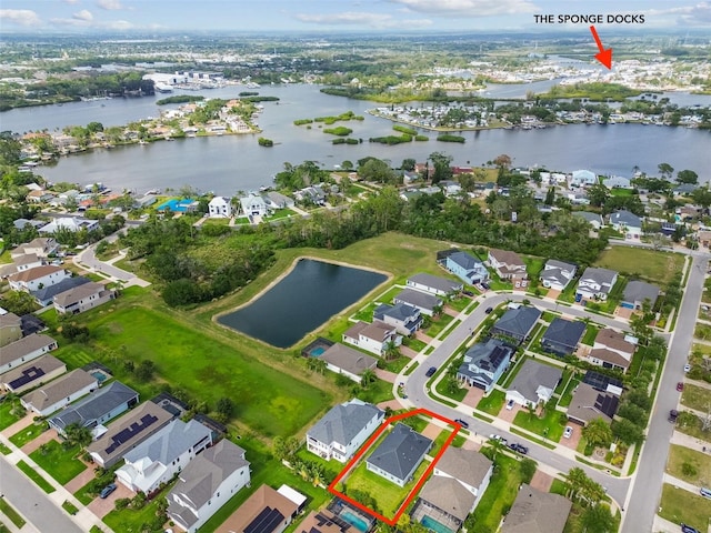 751 Cajeput Loop, Tarpon Springs, FL 34689 - aerial view of residential area featuring a large body of water and property boundaries highlighted