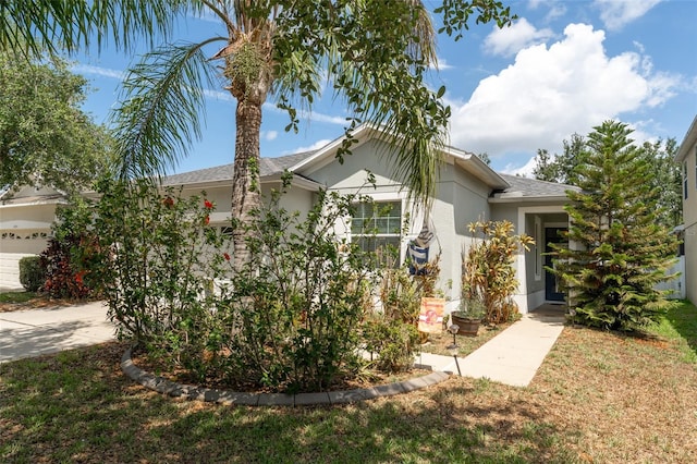 13803 Chalk Hill Pl, Riverview, FL 33579 - view of front of house featuring stucco siding, a front yard, and a shingled roof