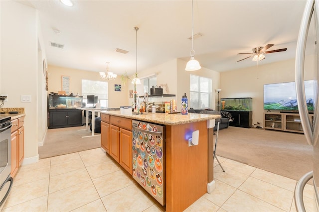 13803 Chalk Hill Pl, Riverview, FL 33579 - kitchen featuring light colored carpet, light tile patterned floors, a ceiling fan, open floor plan, and recessed lighting
