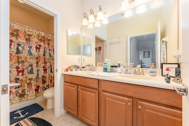 13803 Chalk Hill Pl, Riverview, FL 33579 - bathroom with tile patterned floors, double vanity, toilet, and curtained shower