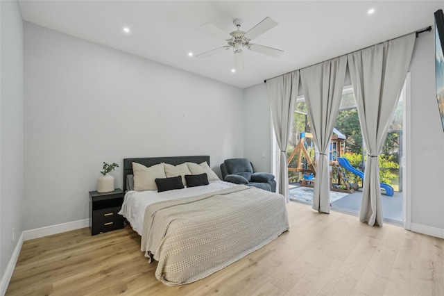 707 9th Ave SW, Ruskin, FL 33570 - bedroom featuring access to exterior, baseboards, light wood-style flooring, recessed lighting, and a ceiling fan