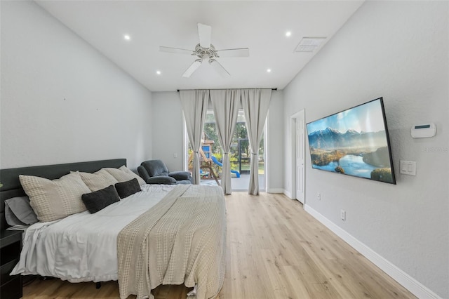 707 9th Ave SW, Ruskin, FL 33570 - bedroom featuring access to outside, light wood-style flooring, baseboards, a ceiling fan, and recessed lighting
