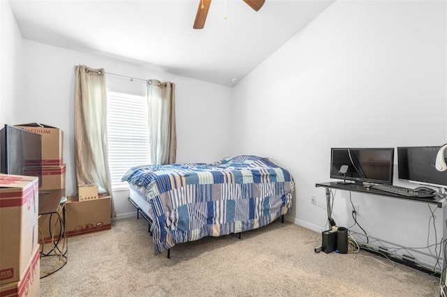 12136 Luftburrow Ln, Hudson, FL 34669 - carpeted bedroom featuring vaulted ceiling, a ceiling fan, baseboards, and an office area