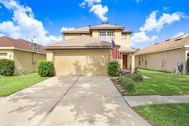 5525 Turtle Crossing Loop, Tampa, FL 33625 - traditional-style house featuring stucco siding, a front yard, an attached garage, and concrete driveway