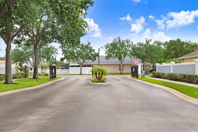 5525 Turtle Crossing Loop, Tampa, FL 33625 - view of asphalt street featuring traffic signs, sidewalks, a gated entry, a gate, and curbs