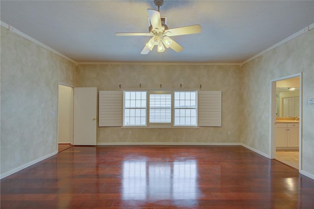 31 Freshwater Dr, Palm Harbor, FL 34684 - empty room with wood finished floors, ornamental molding, a ceiling fan, and baseboards