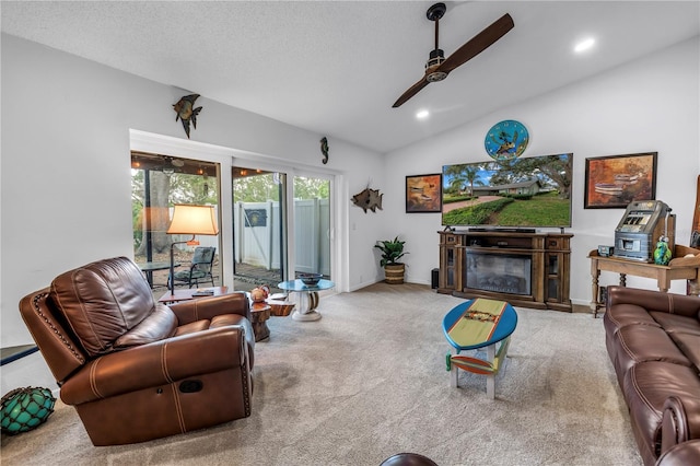 9611 107th Ave N, Largo, FL 33773 - living room with ceiling fan, carpet floors, vaulted ceiling, baseboards, and recessed lighting
