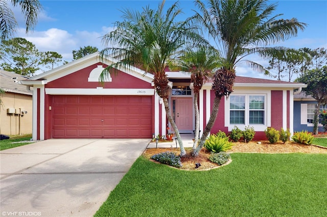 19635 Bellehurst Loop, Land O Lakes, FL 34638 - single story home with stucco siding, an attached garage, a front yard, and concrete driveway