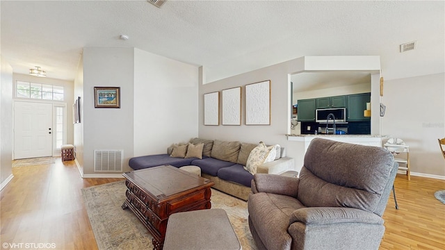 19635 Bellehurst Loop, Land O Lakes, FL 34638 - living area featuring light wood-style floors, baseboards, and a textured ceiling