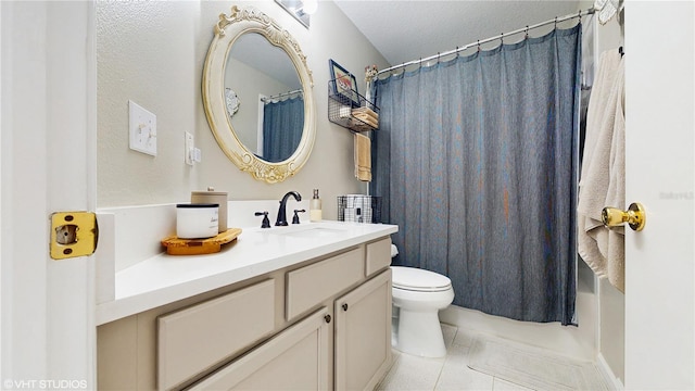19635 Bellehurst Loop, Land O Lakes, FL 34638 - bathroom featuring vanity, toilet, tile patterned floors, and a shower with curtain