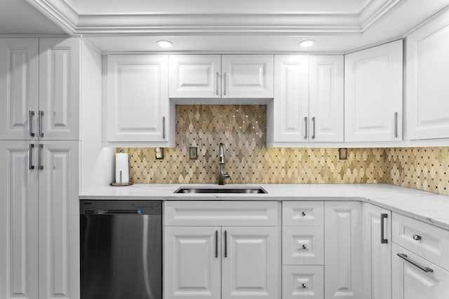 17920 Gulf Blvd Unit 1901, Redington Shores, FL 33708 - kitchen featuring stainless steel dishwasher, a sink, white cabinetry, and tasteful backsplash