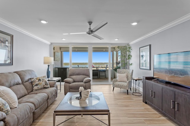 17920 Gulf Blvd Unit 1901, Redington Shores, FL 33708 - living room featuring a ceiling fan, crown molding, light wood-style flooring, and recessed lighting