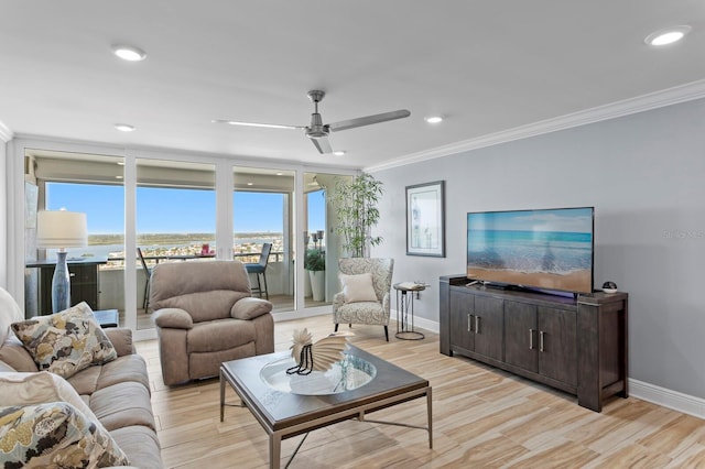 17920 Gulf Blvd Unit 1901, Redington Shores, FL 33708 - living room featuring crown molding, ceiling fan, baseboards, light wood-type flooring, and recessed lighting