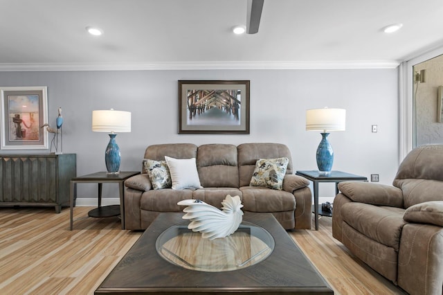 17920 Gulf Blvd Unit 1901, Redington Shores, FL 33708 - living room with light wood-type flooring, crown molding, baseboards, recessed lighting, and a ceiling fan