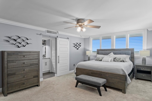 17920 Gulf Blvd Unit 1901, Redington Shores, FL 33708 - bedroom with a barn door, light carpet, multiple windows, crown molding, and a ceiling fan