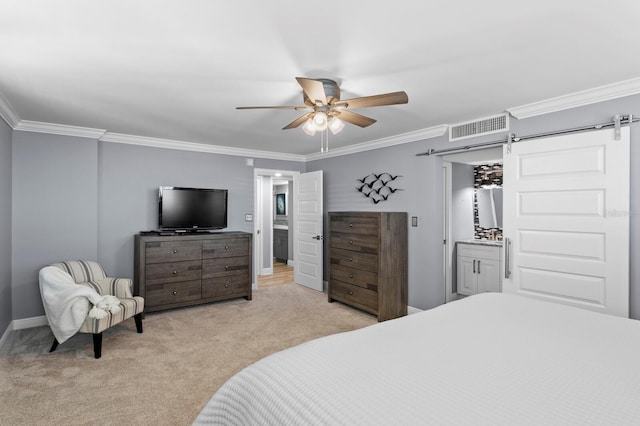 17920 Gulf Blvd Unit 1901, Redington Shores, FL 33708 - bedroom with light carpet, a barn door, ornamental molding, baseboards, and a ceiling fan