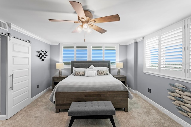17920 Gulf Blvd Unit 1901, Redington Shores, FL 33708 - carpeted bedroom with a barn door, ceiling fan, ornamental molding, and baseboards