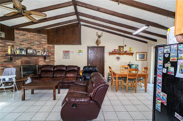 10818 Land O Lakes Blvd, Land O Lakes, FL 34638 - living room featuring light tile patterned floors, ceiling fan, and a fireplace