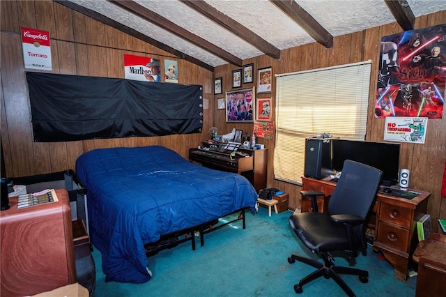 10818 Land O Lakes Blvd, Land O Lakes, FL 34638 - bedroom featuring wood walls, carpet floors, a desk, and a textured ceiling