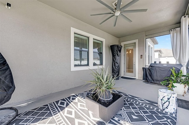 11726 Sunburst Marble Rd, Riverview, FL 33579 - property entrance featuring a ceiling fan and stucco siding