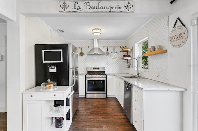 1402 E Mohawk Ave, Tampa, FL 33604 - kitchen with open shelves, wall chimney range hood, stainless steel appliances, ornamental molding, and a sink