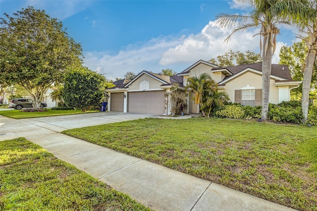 447 Bridle Path Way, Tarpon Springs, FL 34688 - view of front of house with stucco siding, an attached garage, a front lawn, driveway, and solar panels