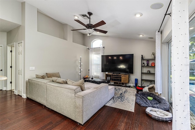 447 Bridle Path Way, Tarpon Springs, FL 34688 - living area with a ceiling fan, wood finished floors, high vaulted ceiling, and recessed lighting