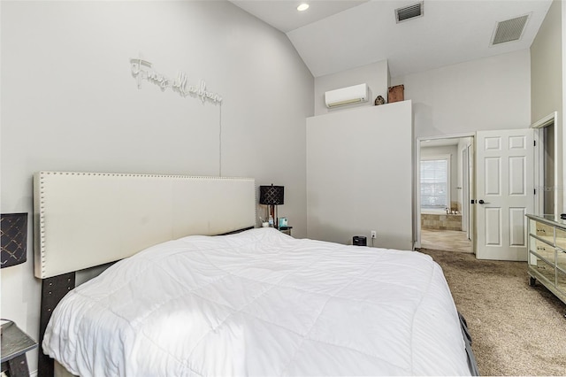447 Bridle Path Way, Tarpon Springs, FL 34688 - bedroom featuring carpet flooring, vaulted ceiling, an AC wall unit, and recessed lighting