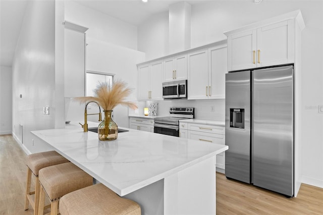 7644 Conrad St, Wesley Chapel, FL 33544 - kitchen with appliances with stainless steel finishes, a sink, light wood-style flooring, a peninsula, and a high ceiling
