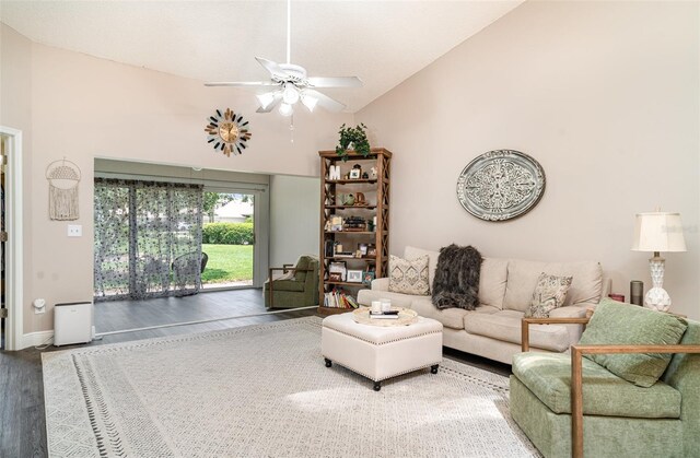 2403 Nantucket Field Way Unit 27, Sun City Center, FL 33573 - living area with wood finished floors, a ceiling fan, and high vaulted ceiling