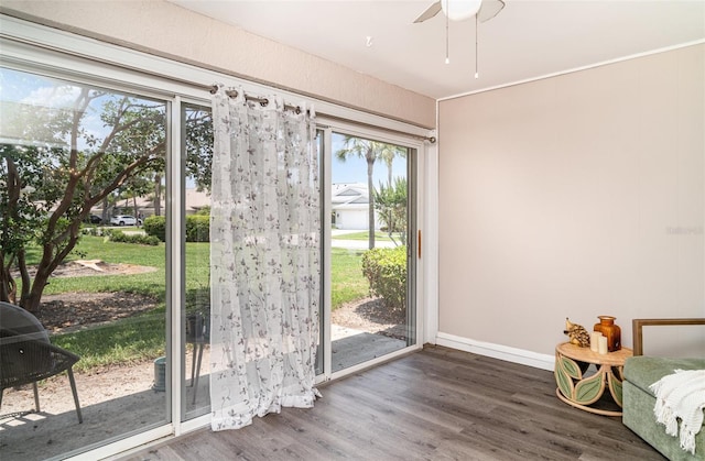 2403 Nantucket Field Way Unit 27, Sun City Center, FL 33573 - doorway with wood finished floors, ceiling fan, and baseboards