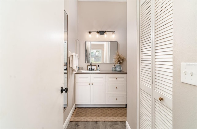2403 Nantucket Field Way Unit 27, Sun City Center, FL 33573 - bathroom with a closet, wood finished floors, vanity, and baseboards