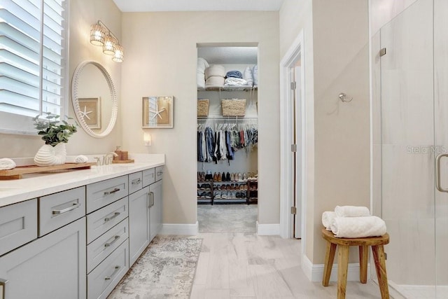 6097 Golden Nettle Dr, Apollo Beach, FL 33572 - bathroom featuring double vanity, a spacious closet, a shower stall, and baseboards