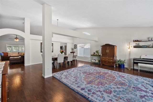 11927 Steppingstone Blvd, Tampa, FL 33635 - living area featuring lofted ceiling, ceiling fan, wood finished floors, arched walkways, and baseboards