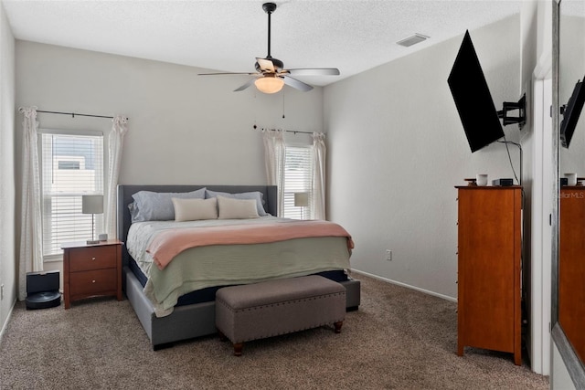 11927 Steppingstone Blvd, Tampa, FL 33635 - bedroom featuring light carpet, multiple windows, a textured ceiling, baseboards, and ceiling fan