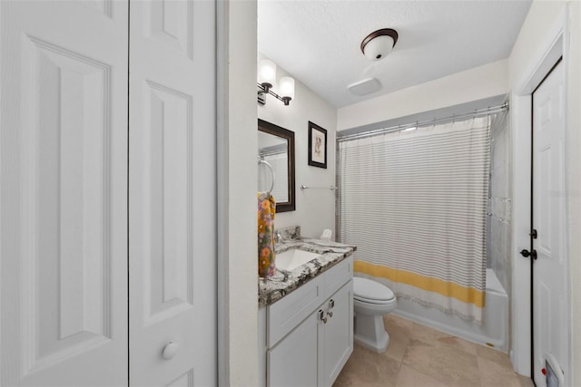 11927 Steppingstone Blvd, Tampa, FL 33635 - full bath featuring vanity, toilet, shower / tub combo with curtain, tile patterned flooring, and a textured ceiling