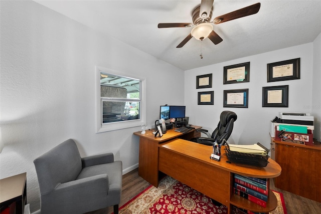 11927 Steppingstone Blvd, Tampa, FL 33635 - office area with wood finished floors, ceiling fan, and baseboards