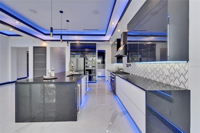 6530 Simone Shores Cir, Apollo Beach, FL 33572 - kitchen featuring wall chimney exhaust hood, a raised ceiling, modern cabinets, tasteful backsplash, and high quality appliances
