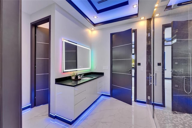 6530 Simone Shores Cir, Apollo Beach, FL 33572 - full bath with marble tiled floors, vanity, and a stall shower