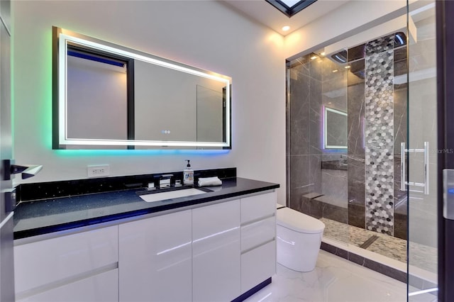 6530 Simone Shores Cir, Apollo Beach, FL 33572 - full bath featuring toilet, a shower stall, vanity, and marble finish floors
