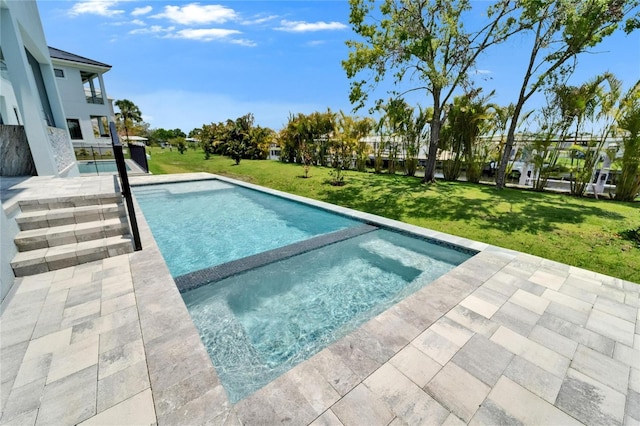 6530 Simone Shores Cir, Apollo Beach, FL 33572 - view of pool with a lawn, a pool with connected hot tub, and a patio
