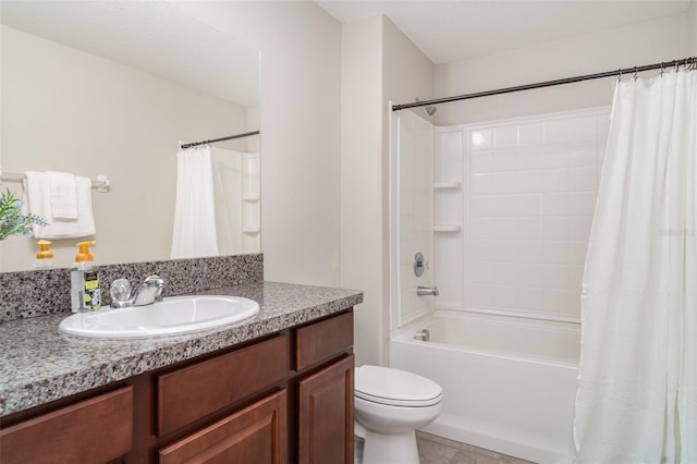 10104 Carloway Hills Dr, Wimauma, FL 33598 - full bathroom with vanity, toilet, shower / bathtub combination with curtain, and tile patterned flooring