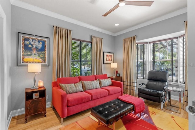 213 N Hesperides St, Tampa, FL 33609 - living room with a ceiling fan, wood finished floors, ornamental molding, baseboards, and recessed lighting