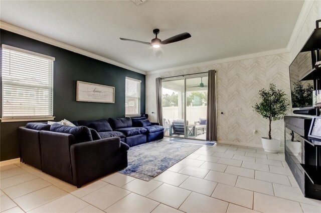 2456 Arbor Wind Dr, Lutz, FL 33558 - living room with wallpapered walls, a ceiling fan, crown molding, baseboards, and an accent wall