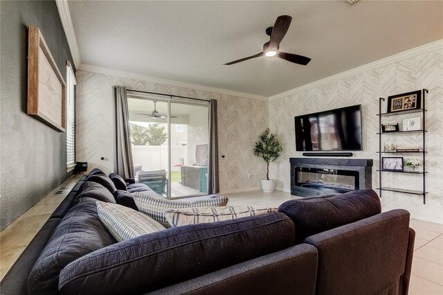 2456 Arbor Wind Dr, Lutz, FL 33558 - tiled living room with a ceiling fan, crown molding, baseboards, and wallpapered walls