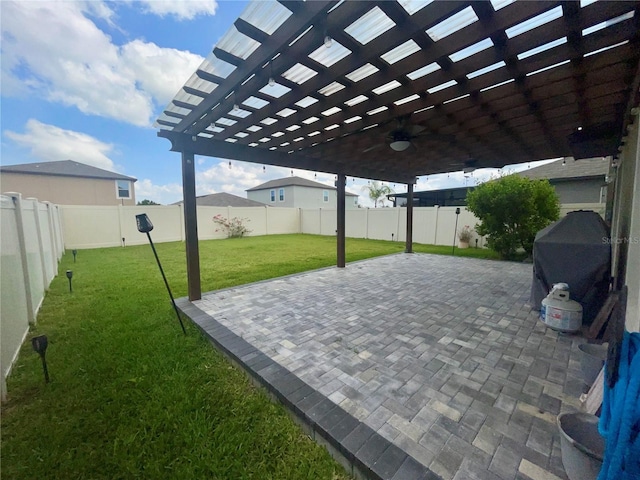 9520 Lemon Drop Loop, Sun City Center, FL 33573 - view of patio featuring a pergola, a ceiling fan, and area for grilling