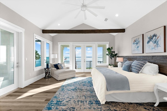110 Carlyle Dr, Palm Harbor, FL 34683 - bedroom with access to outside, lofted ceiling, wood finished floors, multiple windows, and recessed lighting