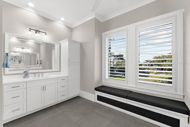 110 Carlyle Dr, Palm Harbor, FL 34683 - bathroom featuring vanity, ornamental molding, and tile patterned flooring